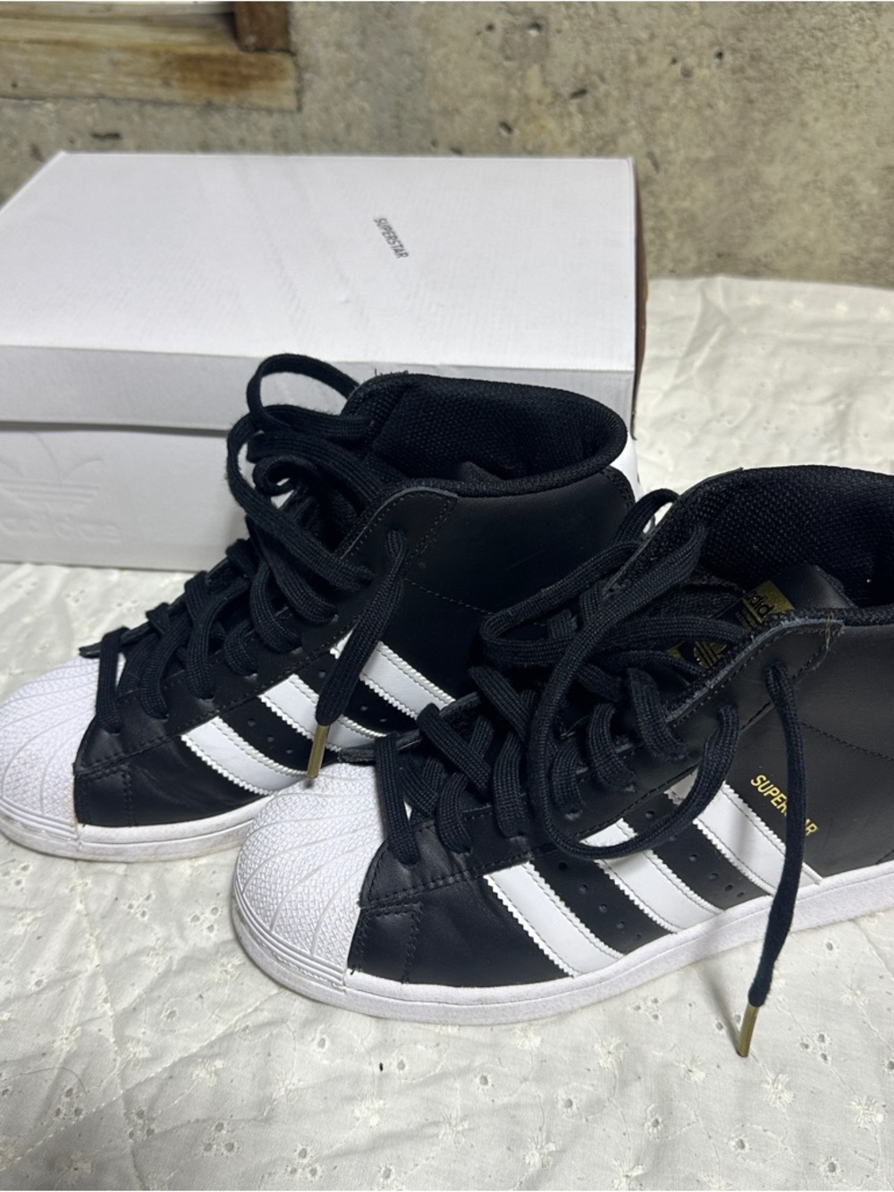 Adidas Black and White Wedge Heel High-Top Superstar Sneakers
